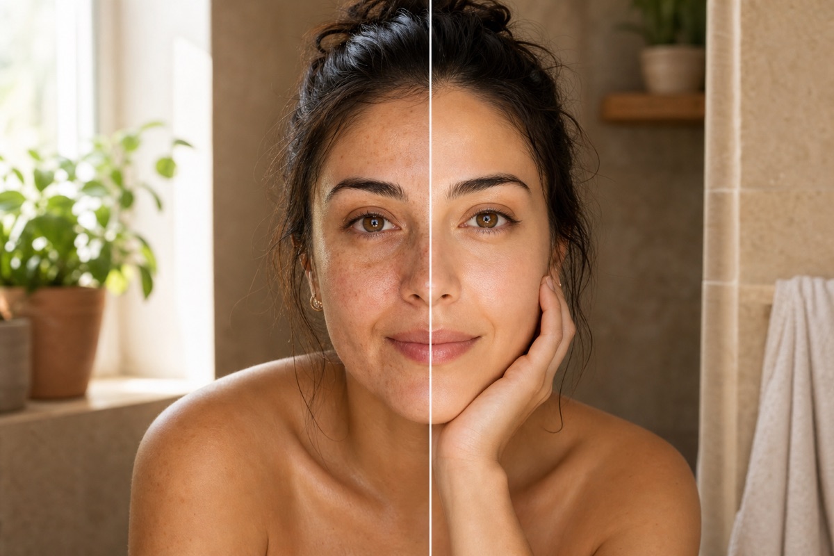 Side-by-side comparison of natural and enhanced skin tones.
