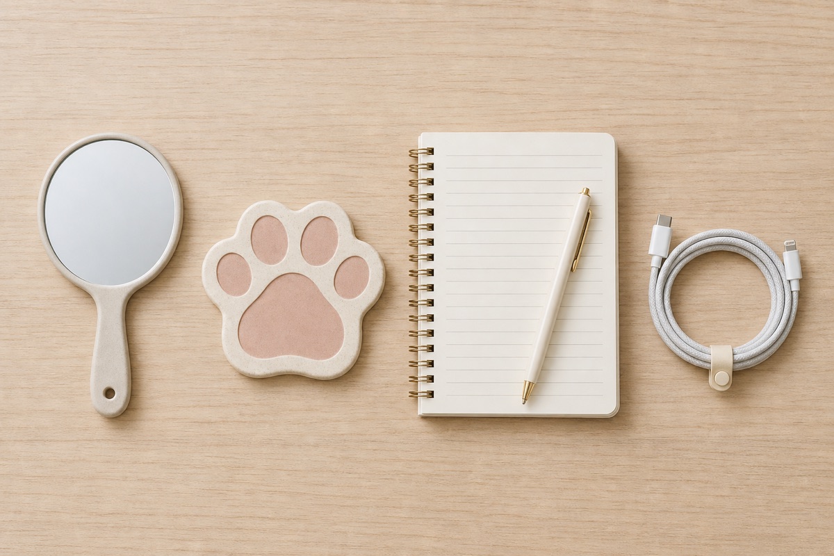 mirror, coaster, notebook, pen, and cable on wooden surface