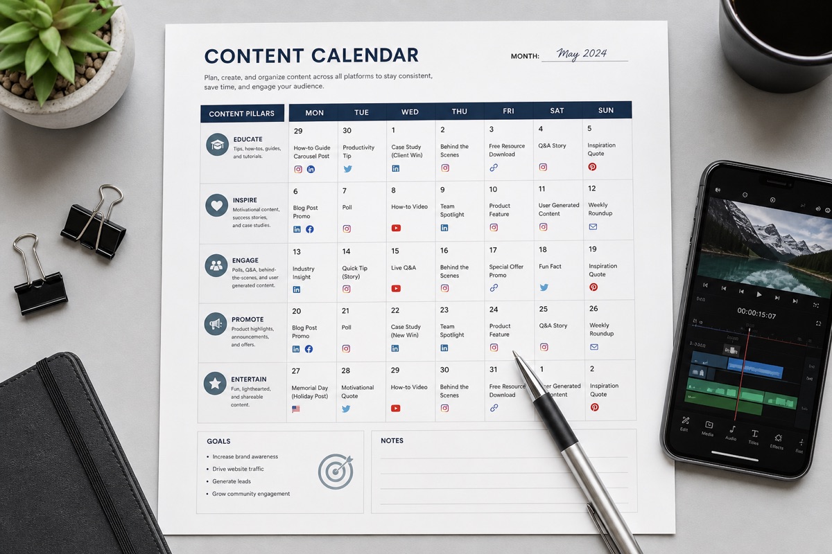May 2024 content calendar with scheduled posts and goals.