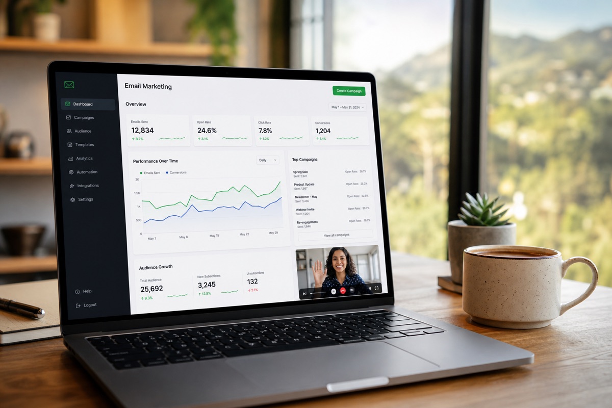 laptop displaying email marketing dashboard with charts and video call