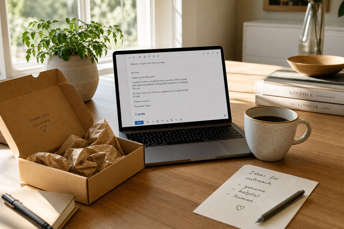 Workspace with laptop, coffee, and package on table.