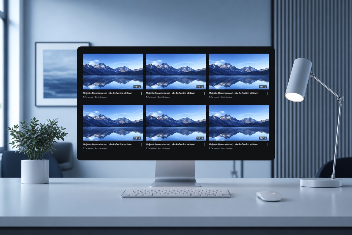 Computer displaying mountain lake reflections in minimalist room