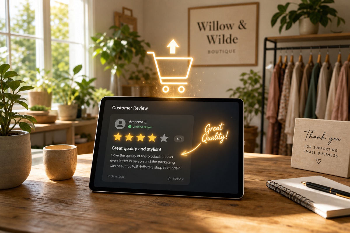 Tablet displaying positive customer review in cozy boutique setting.