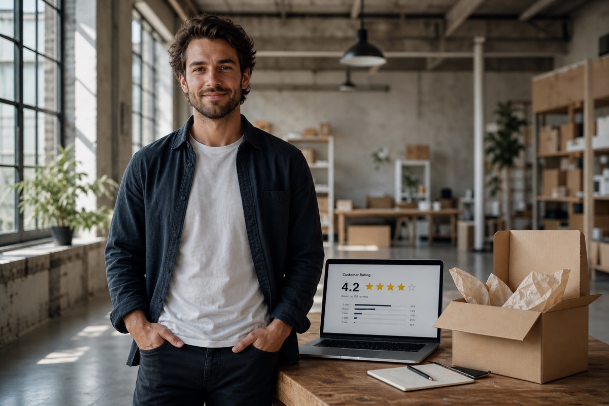 smiling man beside laptop showing customer rating