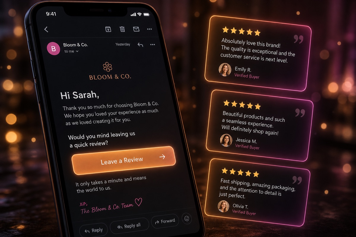 Bloom & Co. email and glowing customer reviews visualization.