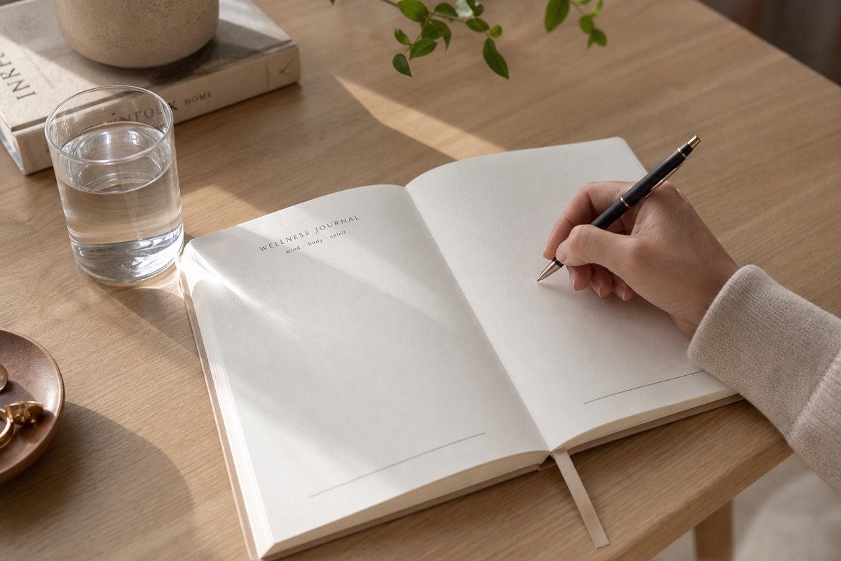 Open journal on table with pen and glass of water.