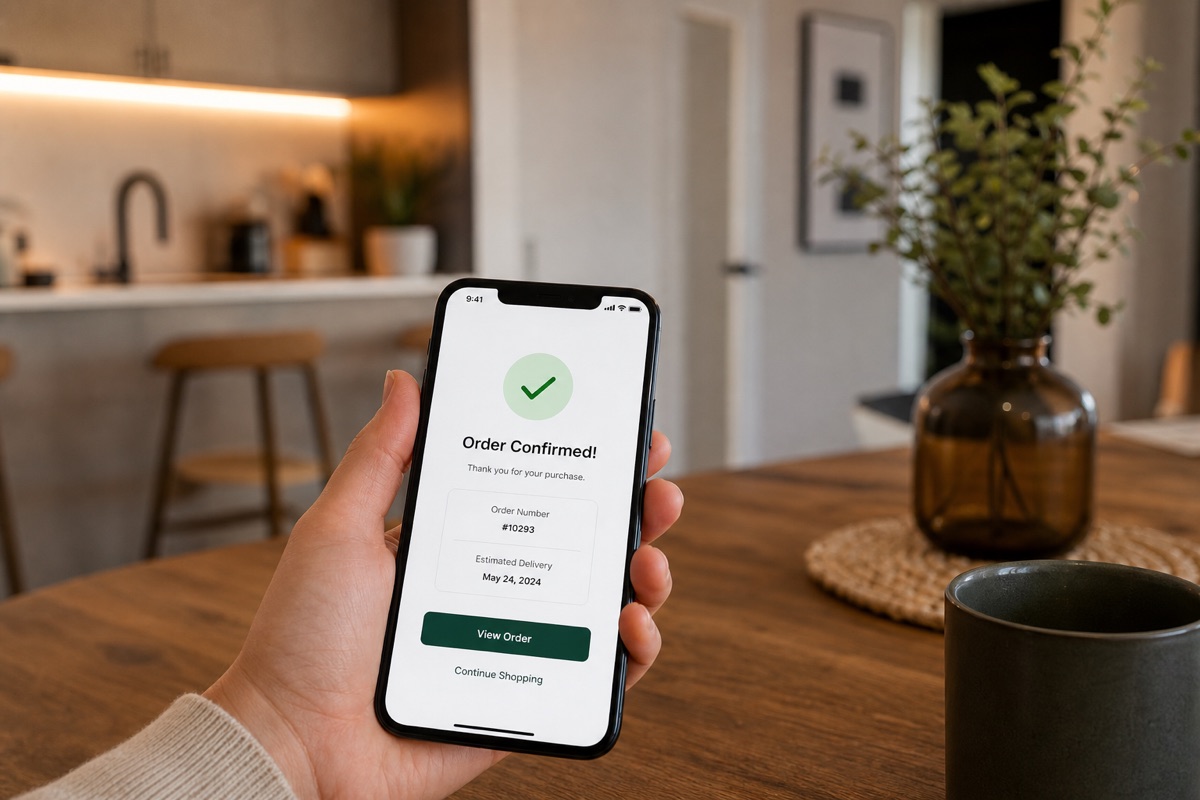 Hand holding phone with order confirmation displayed.