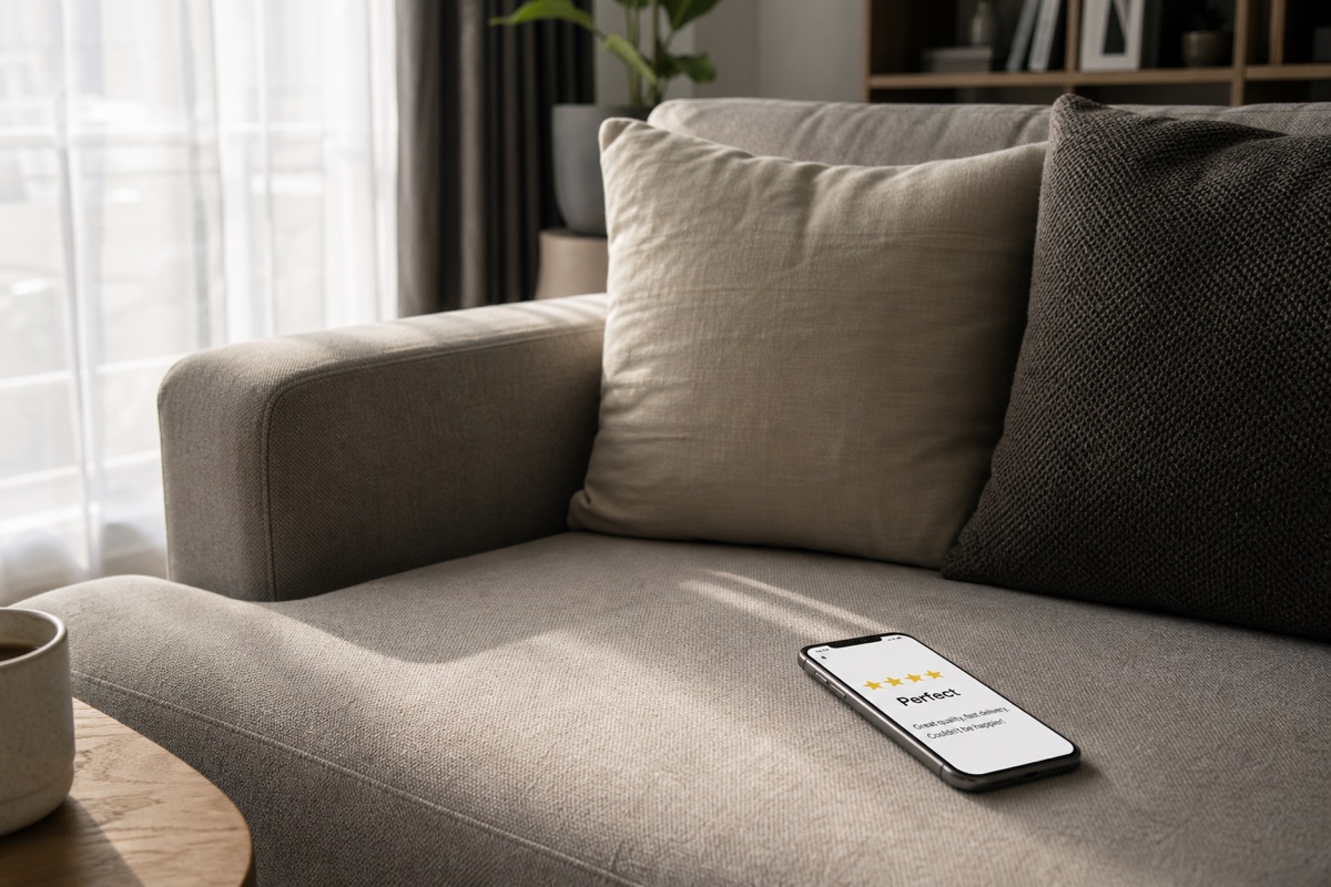 smartphone on sofa with a five-star rating displayed