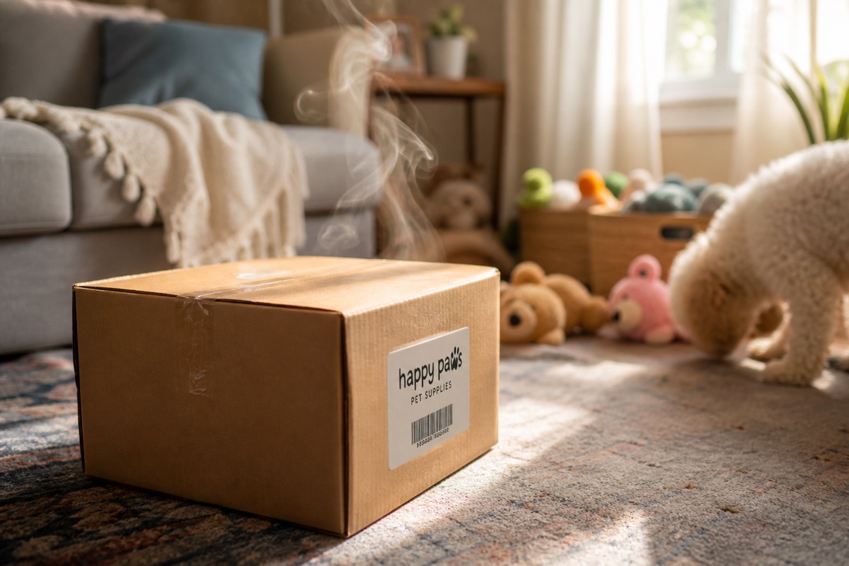 box on rug with curious dog nearby