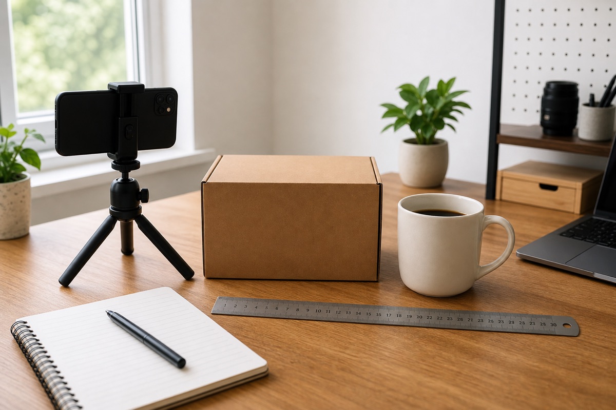 Workspace with box, phone on tripod, and coffee mug.