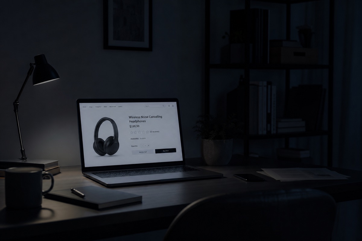 Laptop showing headphone product page on dimly lit desk.