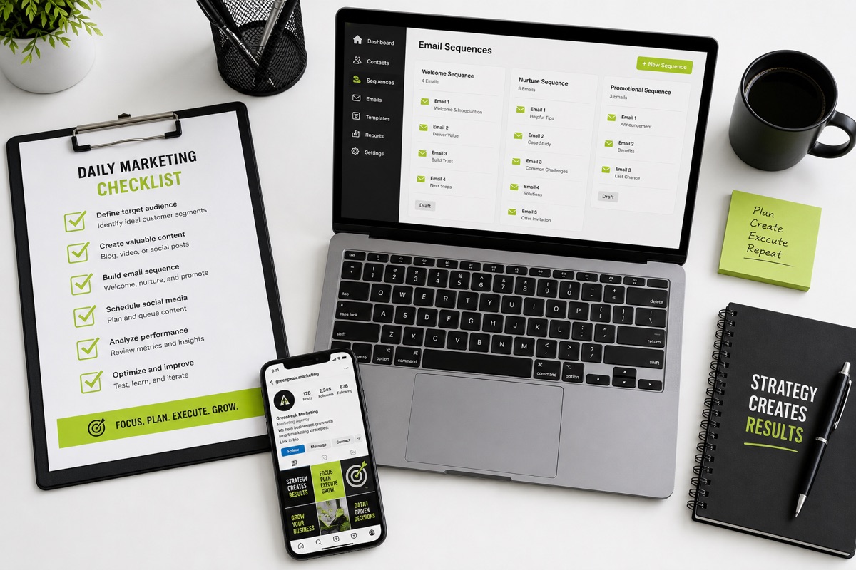 Daily marketing checklist and email sequence setup.