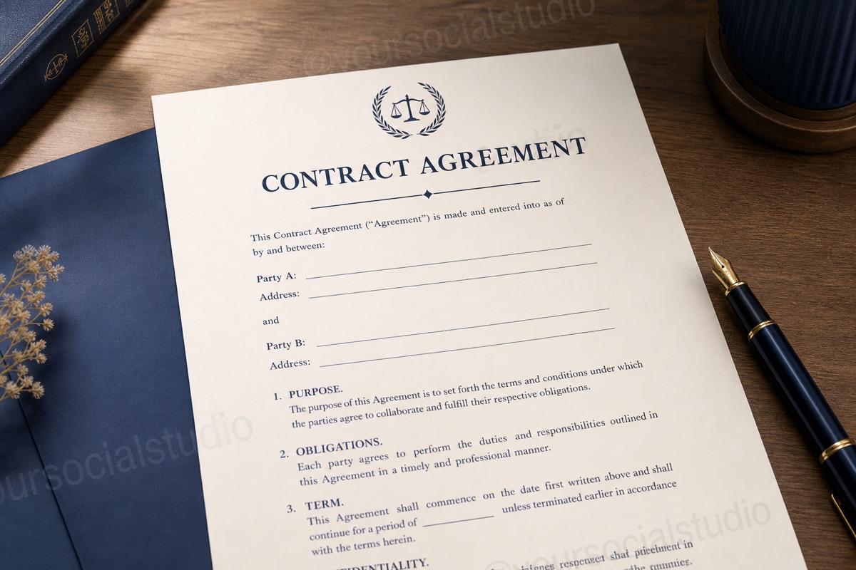 Contract agreement document with pen and blue folder.