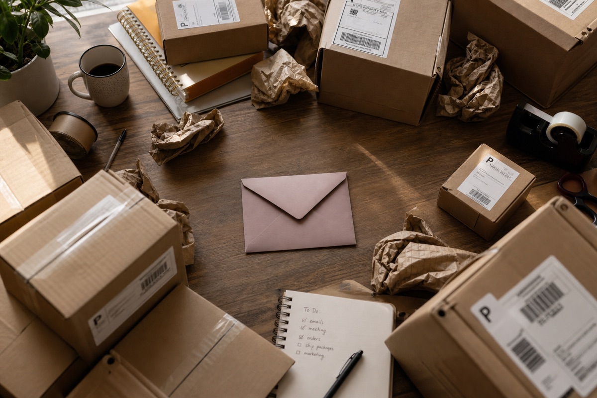 Workspace with packages, notebook, and envelope on wooden desk