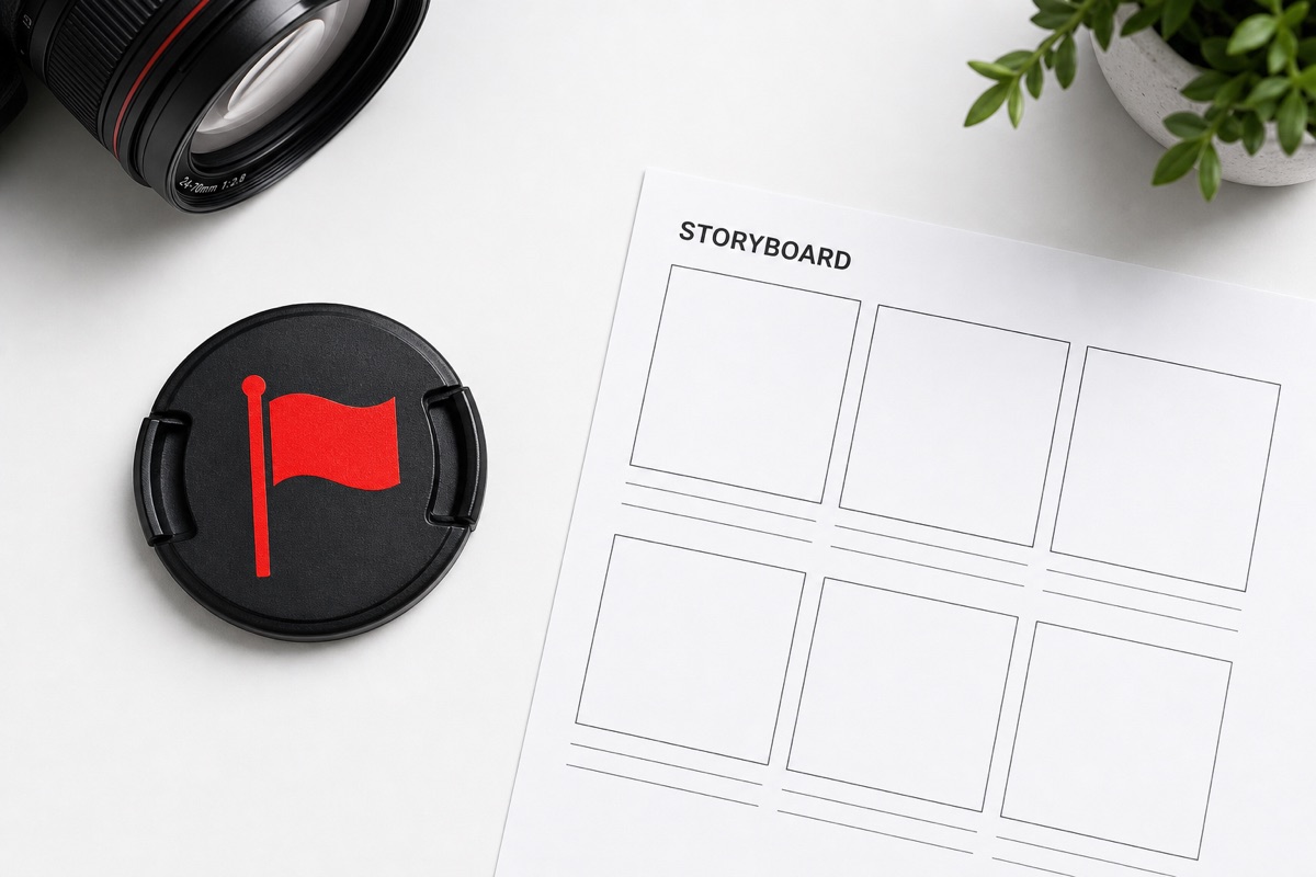 Camera lens, storyboard, and plant on white surface.