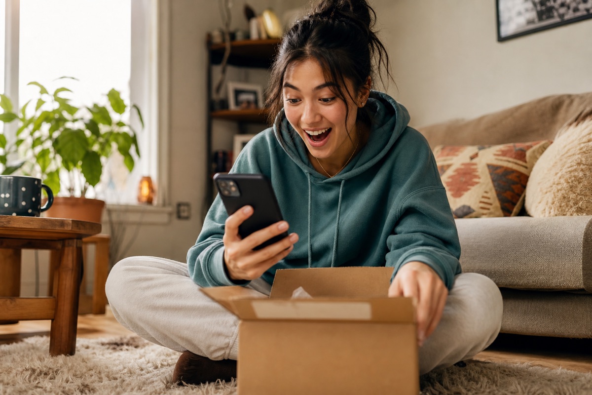 Woman excitedly looking at phone while opening package at home