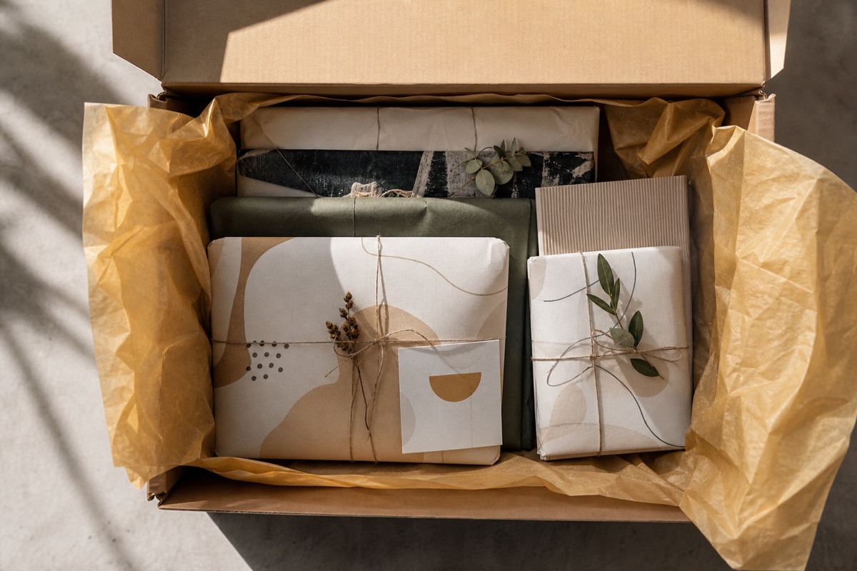 Gift box with wrapped presents and natural accents