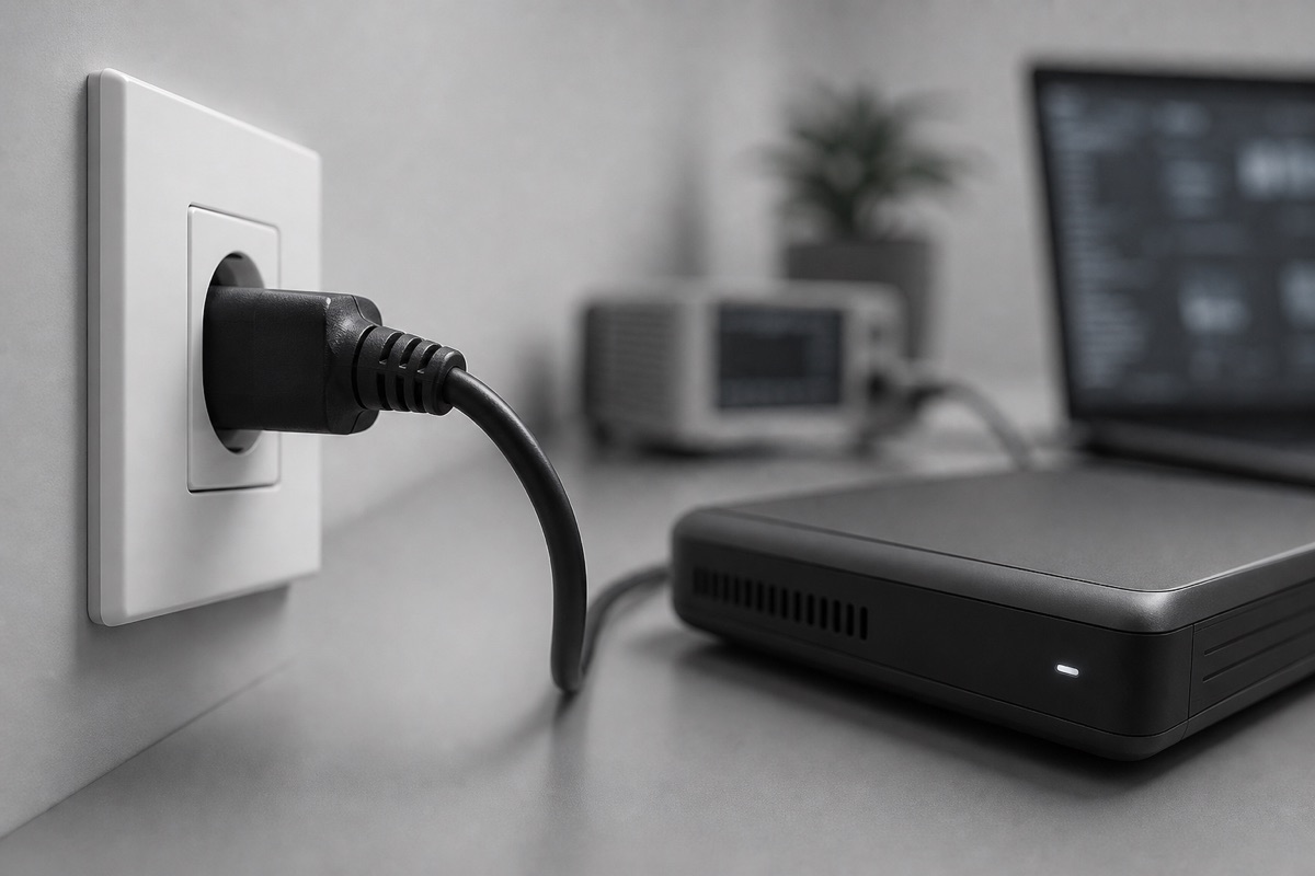 black power plug connected to white wall outlet