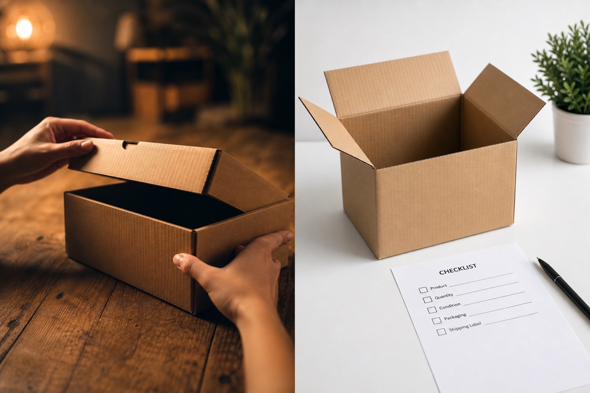Two cardboard boxes, checklist and pen on a table.